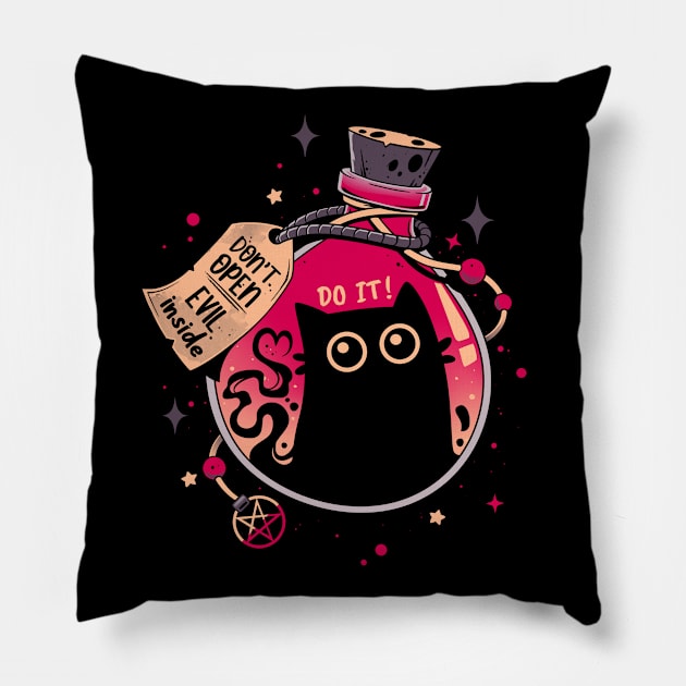 Bottled Menace - Evil Black Cat Pillow by Snouleaf