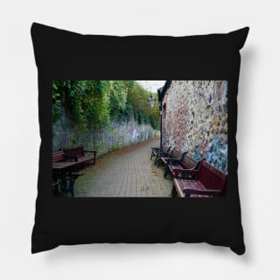 Paved Alleyway - Plants Over hanging Stone Wall & Benches - Tenby (Harbour), Pembrokeshire Pillow