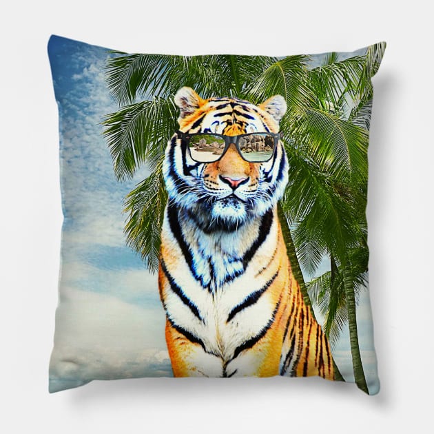 Big Cat Tiger Wearing Sunglasses On Beach Pillow by Random Galaxy