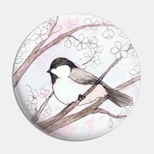 Chickadee in a Cherry Tree Watercolor Illustration Pin