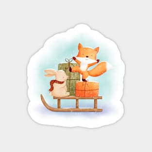 Cute Bunny and Fox with sledge and Christmas gifts Magnet