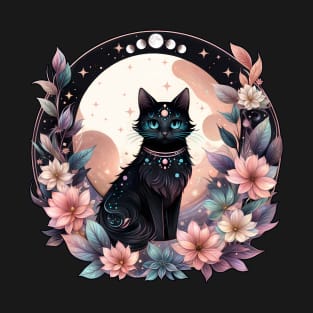 Cute Black Cat Kawaii Pastel Goth Moon Phases Crystal Witchy Astrology Celestial boho aesthetics and Moon Astrology Lovers T-Shirt
