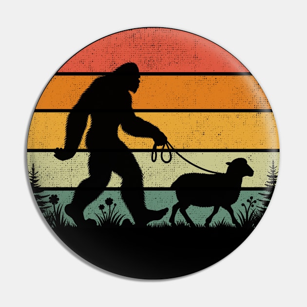 Bigfoot Walking a Sheep Retro Sunset Farm Animal Lover Pin by Cuteness Klub