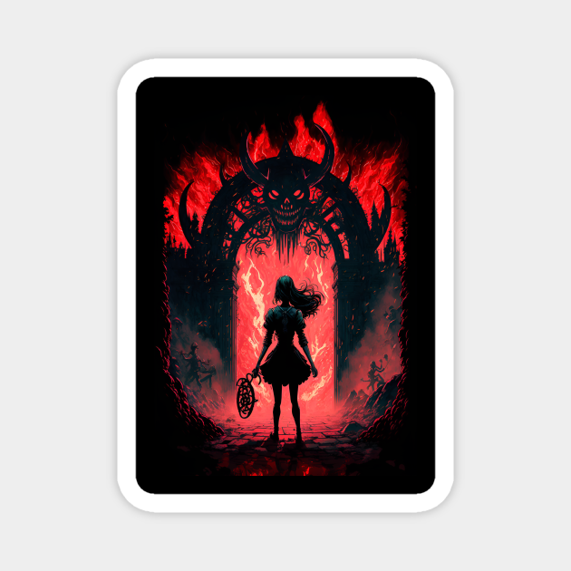 Anime Cute Girl Standing infront of gates of Hell Anime Art