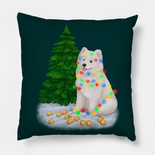 White fluffy Samoyed dog tangled in multicolored fairy lights Pillow