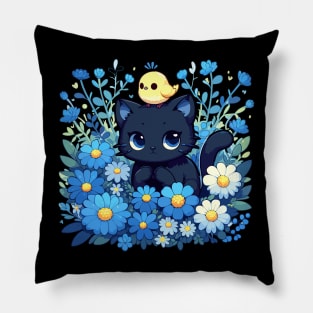 Black Cat With Yellow Bird in Flower Garden Pillow