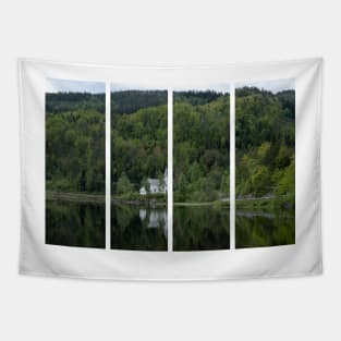 Wonderful landscapes in Norway. Vest-Agder. Beautiful scenery of whtite Gyland church reflecting in the lake. Mountains, road and trees in the background Tapestry