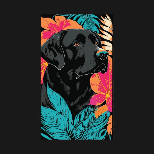 Black Labrador Retriever Dog Vibrant Tropical Flower Tall Retro Vintage Digital Pop Art Portrait 2 by ArtHouseFlunky