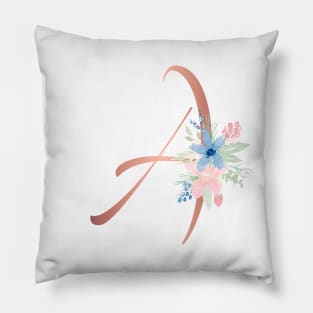 Letter A Rose Gold and Watercolor Blush Pink and Navy Pillow