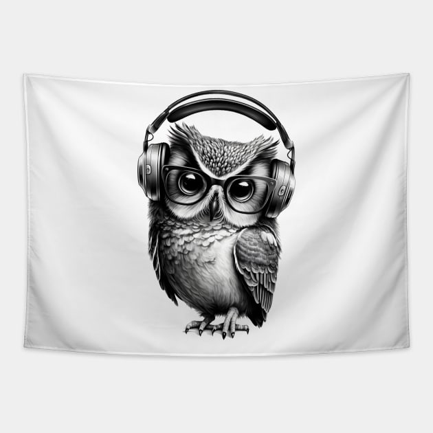 Owl Drawing in Black and White Wearing Headphones Tapestry by ArtisticCorner