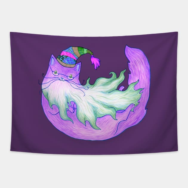 Magical Purple Wizard Cat Tapestry by dragonstarart