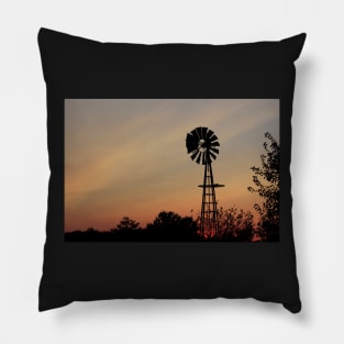 Windmill silhouette with a colorful Sunset Smokey sky Pillow