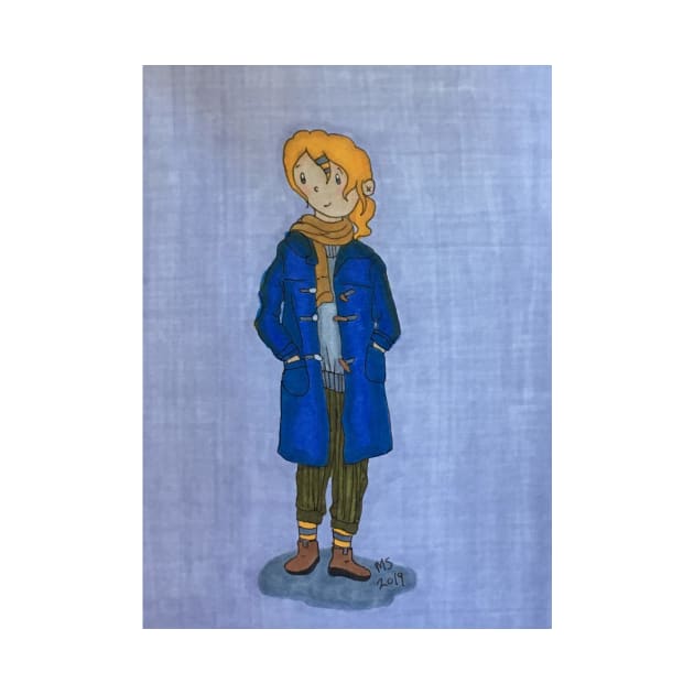 Girl In Blue Toggle Coat Cute Autumn Marker Illustration by Thedisc0panda