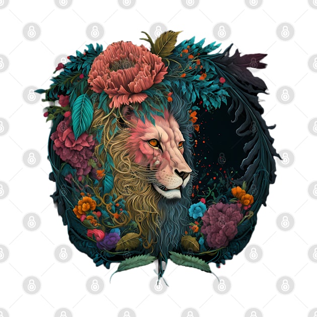 Lion in flowers by AnimeMerchNPrints