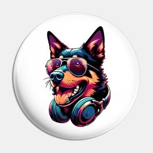 Working Kelpie Smiling DJ in Vibrant Japanese Art Style Pin