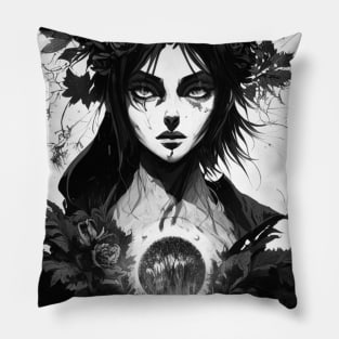 The Coven's Curse: A Dark Art Print in Black and White Pillow