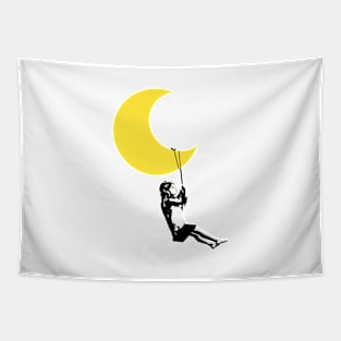 Girl swings under moon Banksy style Tapestry