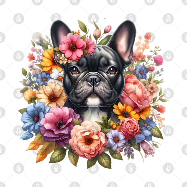 A French bulldog with beautiful colorful flowers by CreativeSparkzz