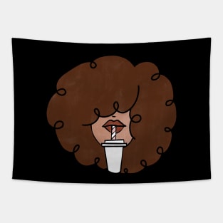 Pepette with a straw Beautiful Black Woman Drinking in a Travel Mug Cute Coffee Dates Coffee Espresso Cappuccino Latte Macchiato Coffee with Milk Cute Black Woman with Afro Hair Natural Hair Curly Hair Perfect Coffee Lover Gift for African American Tapestry