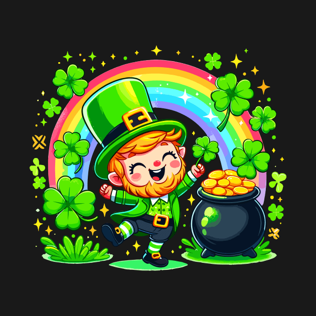 A cute Irish Lad dancing an Irish jig celebrates St Patrick's Day with a rainbow pot of gold and shamrocks Irish Pride Irish American four leaf clovers Irish dance by Tees 4 Thee