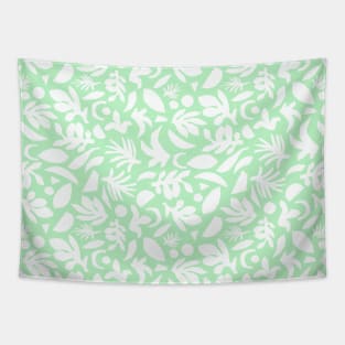 White Abstract Leaves On Mint Green Tapestry