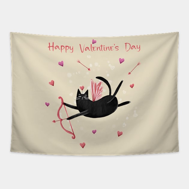 Happy valentines black cat. Cute cat and red hearts. Tapestry by Olena Tyshchenko