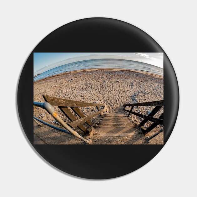 Fisheye view flooking dwon from the top of some wooden steps to Cromer beach Pin by yackers1