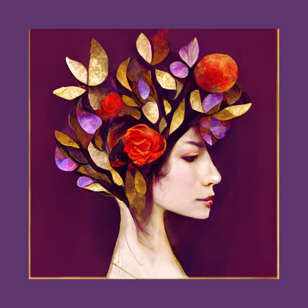 tree, flower, rose, gold, silver, red, purple, woman by AnnaMartaFoley