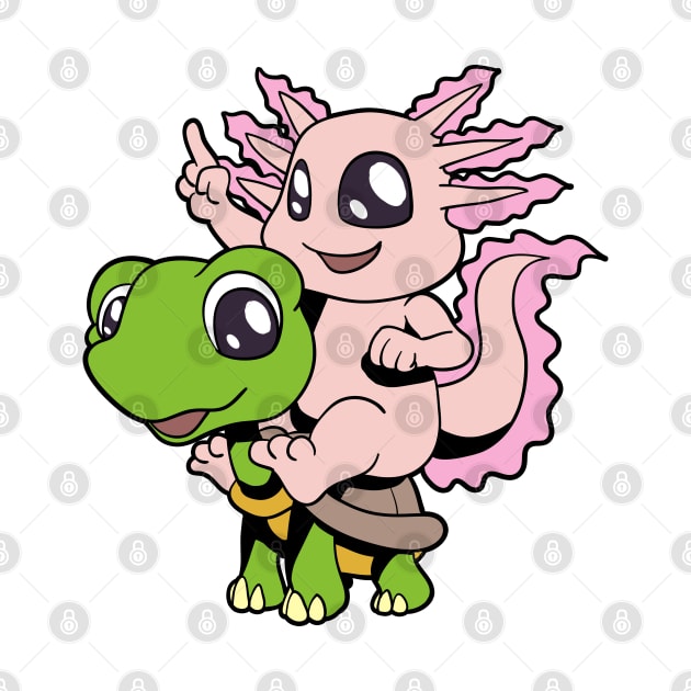 Cartoon - Cute axolotl sitting on turtle by Modern Medieval Design