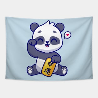 Cute Lucky Panda Holding Gold Coin Cartoon Tapestry