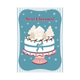 Vintage Christmas Cake with Gingerbread Decorations on a Red Cake Stand T-Shirt