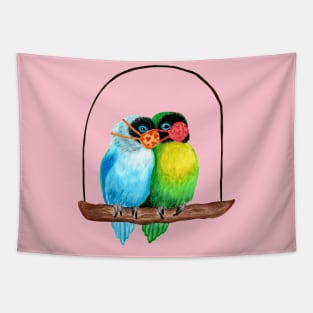 Lovebirds Wearing Face Masks Watercolor Tapestry