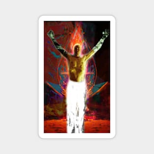 Portrait, digital collage and special processing. Shirtless man, stands. All chakras opened. Mystic. Magnet