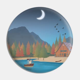 Mountain scene with lake and cabin Pin