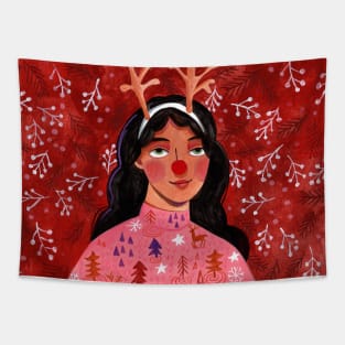 Festive holiday reindeer woman portrait Tapestry