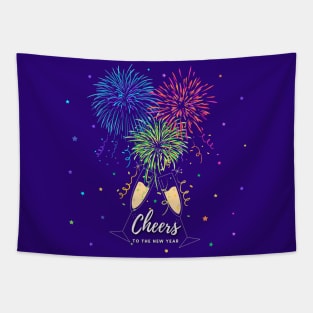 Cheers to the New Year Fireworks, Champagne Flutes and Stars Tapestry