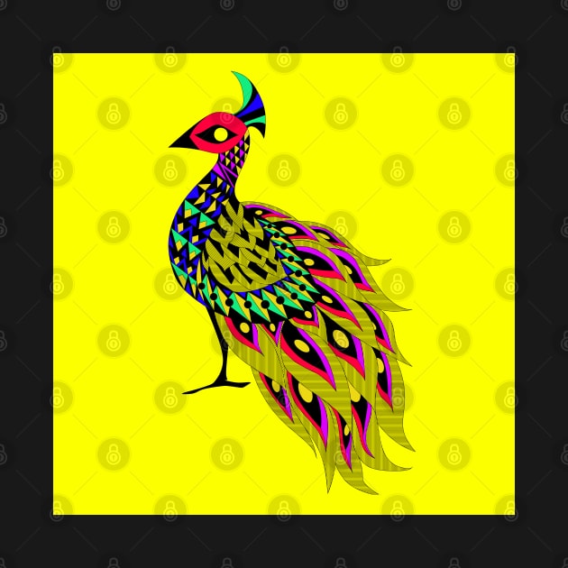 yellow amazing peacock pavo real ecopop in mexican totonac art pattern by jorge_lebeau