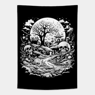 White Night of Magical Hut in Psychedelic Forest With Skulls, Macabre Tapestry