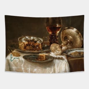 Olives in a Blue and White Porcelain Bowl, a Roemer, Wine Glasses, an Overturned Silver Tazza and a Meat Pie by Willem Claeszoon Heda Tapestry