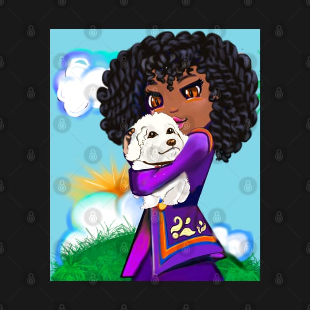 Girl with Afro hair cuddles puppy dog, Cavapoo puppy dog, cute Cavoodle, Cavapoo, Cavalier King Charles Spaniel by Artonmytee