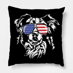 Patriotic Border Collie with American Flag sunglasses Pillow