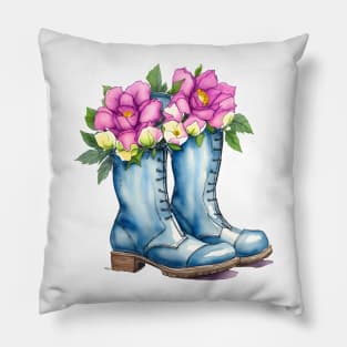 Cute Blue Boots Violet Purple Peony Bouquet Watercolor Flower Boots Drawing Pillow