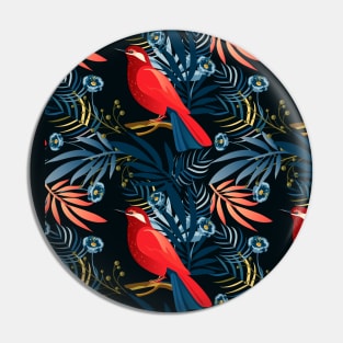 Boho Chic decorative tropical flowers and exotic red bird, Navy Blue floral Art trendy design Christmas Birthday Holiday Decoration Vintage Home Decor, clothes, greeting card, gifts idea Pin