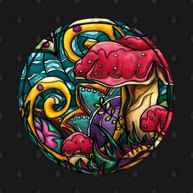 Colorful red mushrooms painting, psychedelic amanita by NadiaChevrel