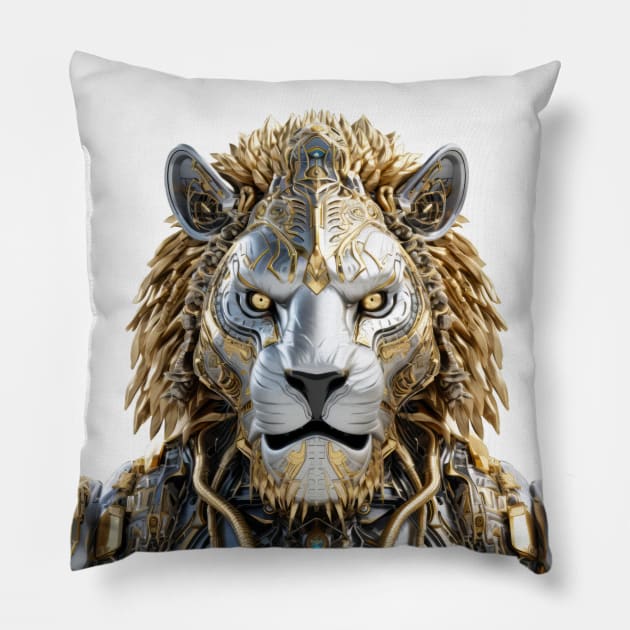 King of Cyborg - Gold and Silver Lion's Stare Pillow by Lematworks