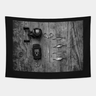 Fishing tackle flat lay Tapestry