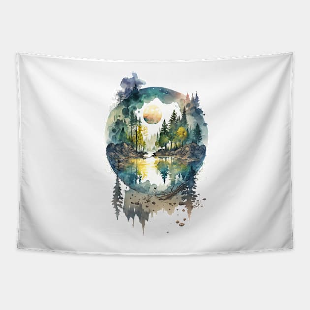 Mountain lake surrounded with trees Tapestry by SMCLN