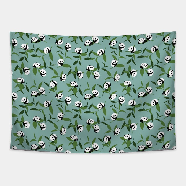 Cute Playing Panda in Green Garden Pattern Tapestry by FlinArt