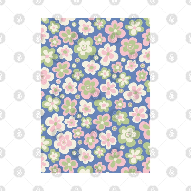 retro florals pattern, 70s groovy flowers, flower market, scandinavian florals, baby pink, baby blue, danish style by blomastudios