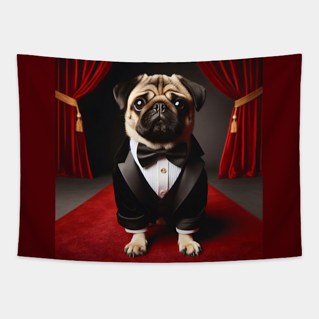 Pug dog in formal tuxedo suit sitting on red carpet Tapestry by nicecorgi